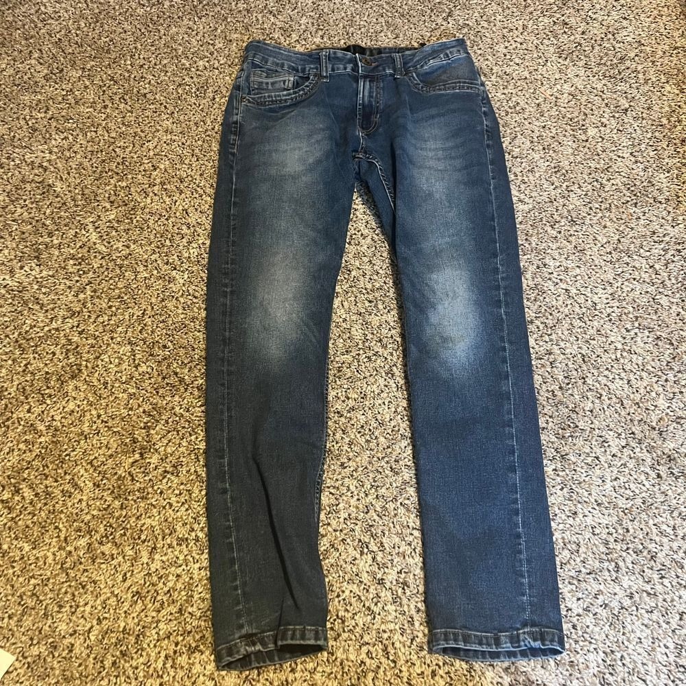Nick Danger Distressed Jeans Slim Fit Dark Wash Denim Mens Size 32 measured